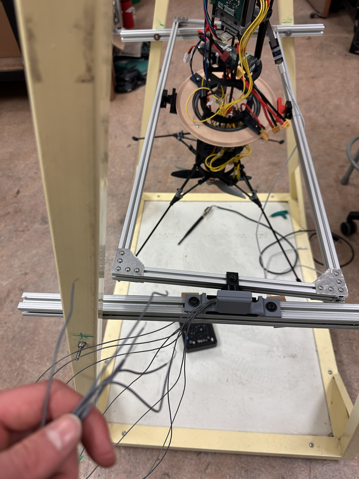 Outermost encoder bracket and soldered encoder wiring on the gimbal test stand